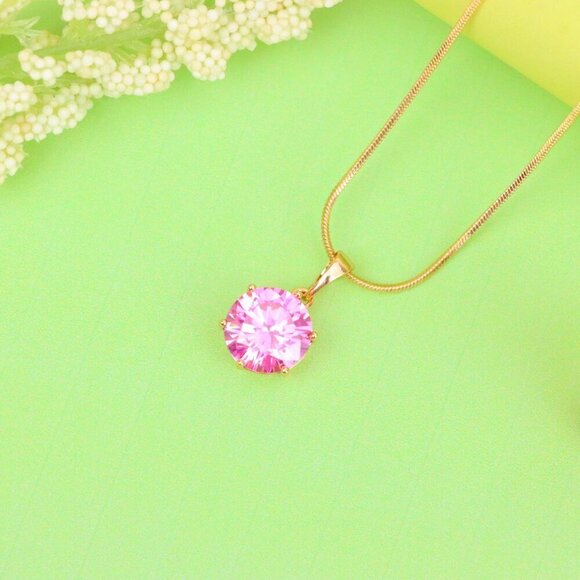 "Brilliant Round Pink Stone Rose Gold Pendant Sparkling Charm, XPPT1599 - Picture 3 of 13